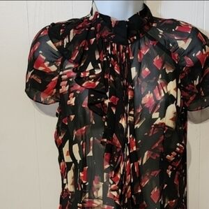 Worthington Blouse Small‎ Multicolor Sheer Cap Sleeve Button Front Ruffle A342